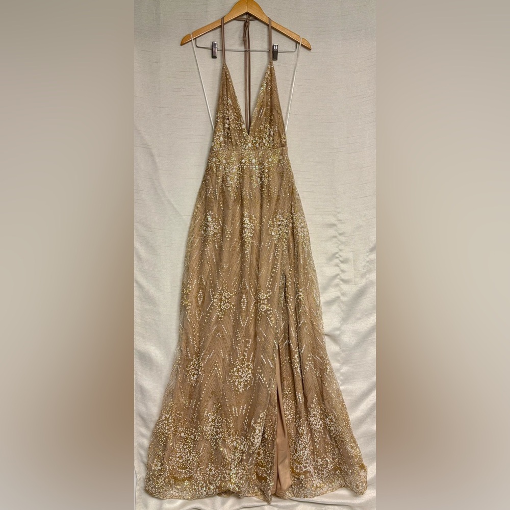 Hello Molly | NWT Gold Sequin Backless Dress Wrap Tie Slit Prom Formal Sexy US 4 - Picture 3 of 13
